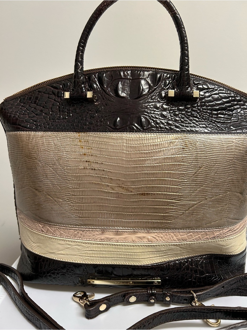 Brahmin Croc-Embossed Satchel in Brown and shimmering gold cream